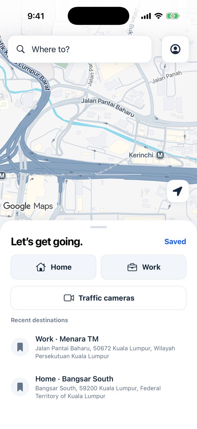 Home sheet over a quiet map of Kerinchi, Kuala Lumpur: Let's get going, Home and Work buttons, Traffic cameras, and recent destinations Menara TM and Bangsar South.